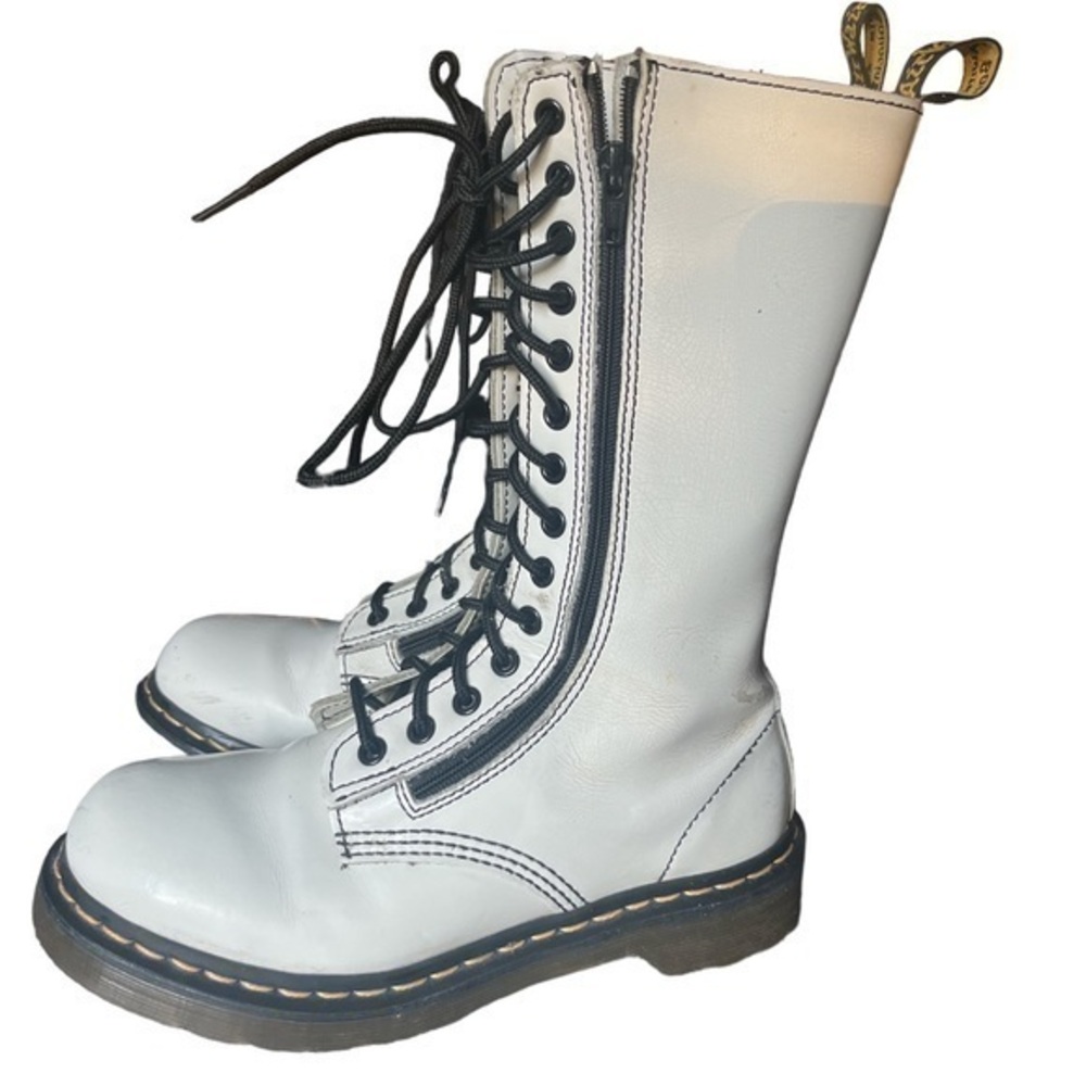 White Dc Martens DOCS lace up tall combat boots double zipper 14 hole mid calf 7
